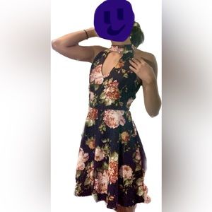 Black and pink flower print high neck mini dress (size 3)